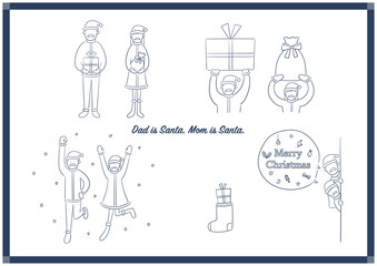 手描き風パパサンタ・ママサンタのクリスマス線画セット