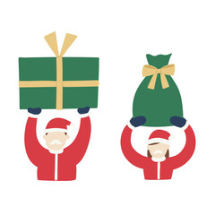 パパサンタ・ママサンタが大きなプレゼントを掲げるイラスト