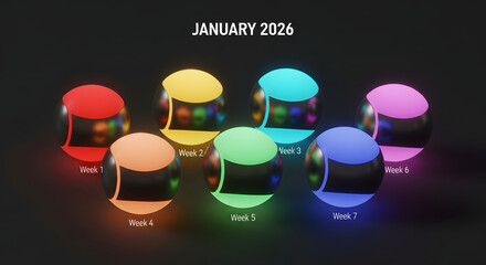 Abstract glowing spheres visualizing a monthly schedule, with each vibrant orb marking a distinct week, perfect for digital planning and conceptual time tracking