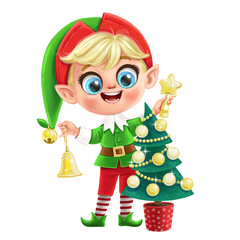 Cute cartoon elf decorates the Christmas tree  isolated on a white backround
