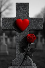 Graveyard cross with red heart and rose symbol of love and remembrance