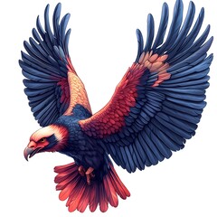 Flying eagle with blue, red, and photo white feathers in motion bird dynamic