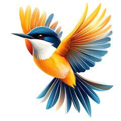 Flying kingfisher bird with spread wings and vibrant colors on photo white background wings spread
