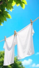 Crisp white laundry hanging on a clothesline, gently swaying in a vibrant blue sky, sunlit and peaceful Perfect for themes of freshness, purity, and carefree living , peaceful, home, washing