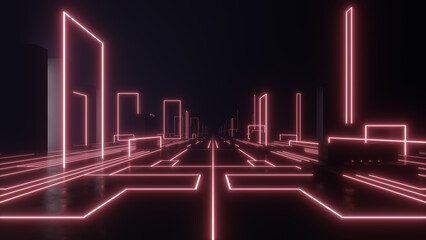 Futuristic cyberspace with neon light, Abstract architecture with empty dark space, Sci-fi tunnel scene, 3d rendering
