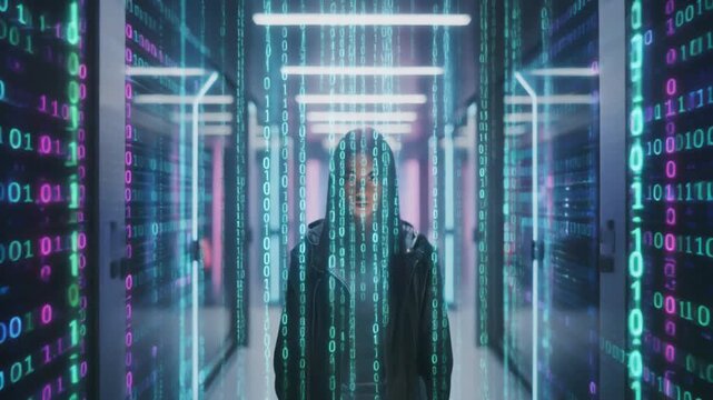 Futuristic concept of an anonymous hooded hacker standing within a server room amidst a glowing digital stream of binary code