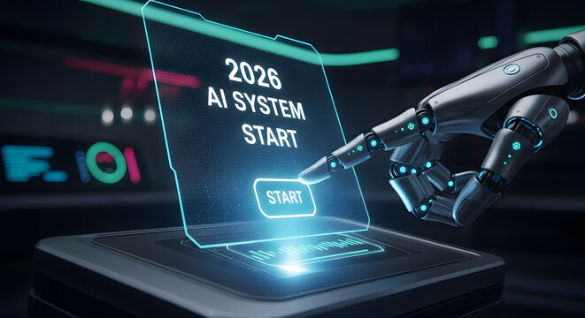 Digital transformation concept with a cybernetic hand interacting with a holographic interface to launch an advanced AI system, envisioning future technology and innovation