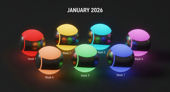 Abstract glowing spheres visualizing a monthly schedule, with each vibrant orb marking a distinct week, perfect for digital planning and conceptual time tracking
