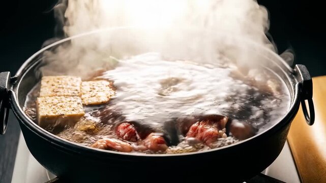 Pouring sauce into simmering Sukiyaki beef hot pot