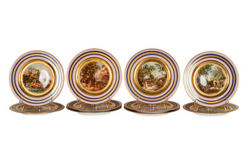 Antique Porcelain Plates with Hand-Painted Scenes