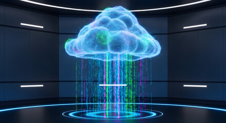 Futuristic cloud computing concept with a holographic cloud and data streams in a high-tech data center