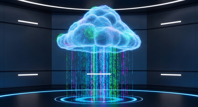 Futuristic cloud computing concept with a holographic cloud and data streams in a high-tech data center