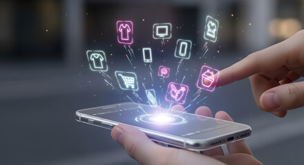 Mobile Shopping Experience Hands Interacting with a Smartphone Displaying Various Icons for Online Purchases