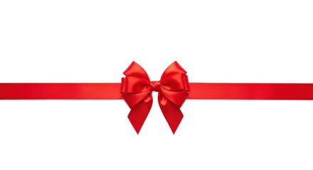 A bright red satin bow, meticulously tied with long ribbons, centered against a transparent studio background, high-key soft lighting. Concept of celebration and gifting