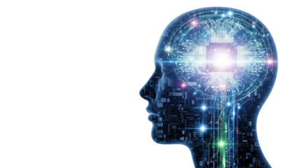 Translucent human head silhouette, profile, filled with intricate luminous electronic circuits & glowing neural pathways, soft blurred background, concept of AI and human cognition