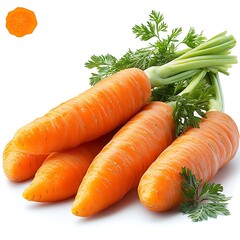 Four Carrots with Green Tops and One Carrot Slice on photo White Background fresh bunch