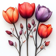 Four Colorful Tulips Orange Red Purple and Red with Branches and Buds flower photo