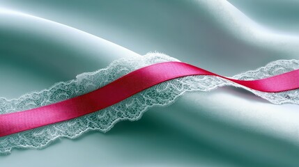 Close-up shot of a red ribbon and white lace trim placed on a flowing, teal silk fabric, creating a sense of elegance and luxury.