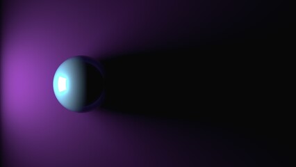 A minimalist 3D illustration of a glossy, reflective sphere with a bright highlight, casting a long, dark shadow on a vibrant purple and black gradient background. Top view
