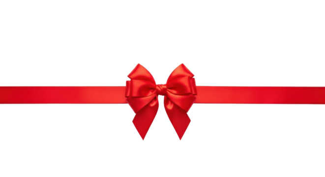 A bright red satin bow, meticulously tied with long ribbons, centered against a transparent studio background, high-key soft lighting. Concept of celebration and gifting