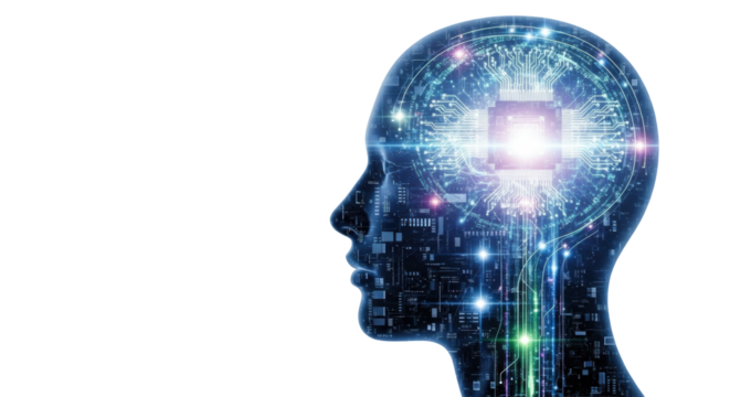 Translucent human head silhouette, profile, filled with intricate luminous electronic circuits & glowing neural pathways, soft blurred background, concept of AI and human cognition