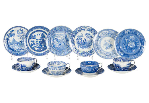 Blue & White China Plates Cups Saucers Collection Display