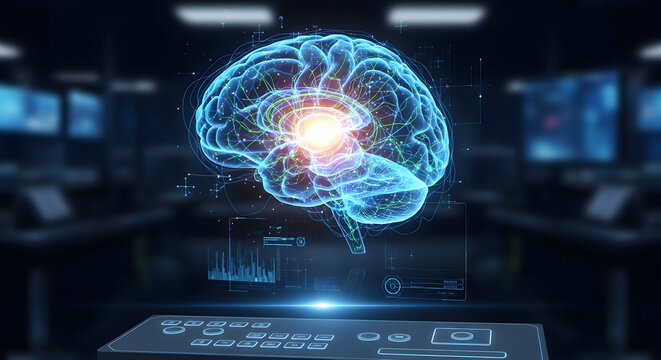 Futuristic holographic brain with glowing neural activity on a digital interface, symbolizing artificial intelligence, cognitive research, and advanced neuroscience