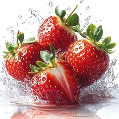 Four Fresh Strawberries with One Half- Cut and Water Splashes fruit juicy photo