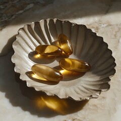Four golden oil capsules in a decorative scalloped dish pills supplements photo
