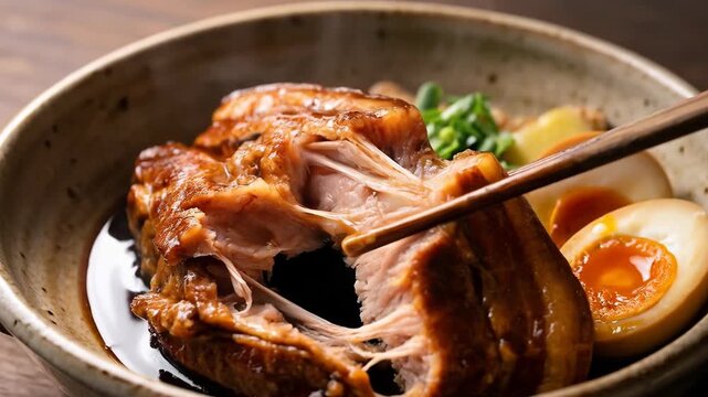 Pulling apart tender braised pork belly with chopsticks