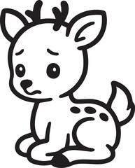 A charming cartoon fawn, depicted in a simple black and white line art style, with a thoughtful, almost melancholy expression. This adorable illustration captures the essence of youth, innocence.