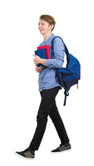 Full length portrait of contented student guy going to college as holds books and carries his...