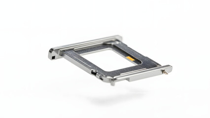 SIM Card Tray: A close-up studio shot presents a SIM card tray, a critical component for mobile devices, showcasing its sleek design and intricate metalwork. 