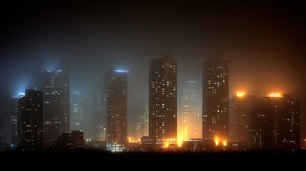 City buildings in fog with dramatic neon lighting