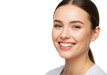 Young caucasian woman, early 20s, with a radiant, confident smile showing perfect white teeth, wearing a simple light top against a transparent studio background, concept of happiness and