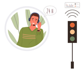 Customer service agent wearing a headset, overlayed with smart traffic signal and connectivity icon. Ideal for customer service, technology, communication, AI, 24-hour support, automation, digital