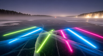 Multicolored glowing light tubes illuminate the cracked surface of a frozen lake on a foggy winter evening