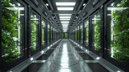 High-tech indoor farming hallway with controlled plant growth