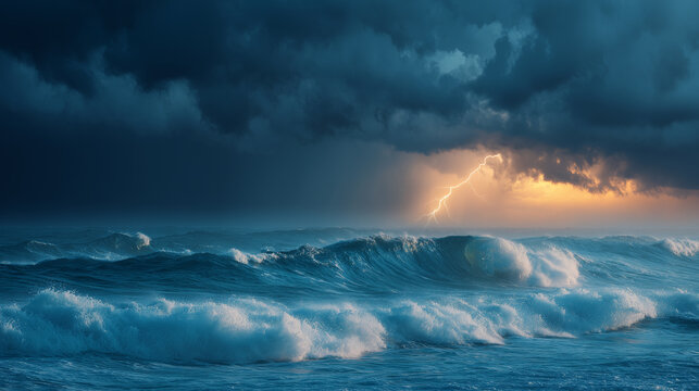 Lightning flash over turbulent ocean waves