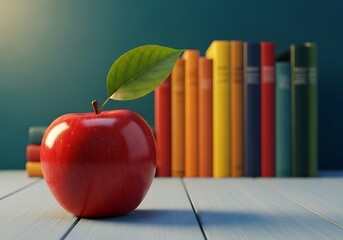 A shiny red apple with a green leaf rests on a wooden surface in front of a row of colorful books