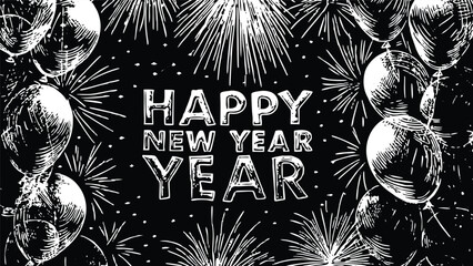 Happy new year celebration with fireworks and balloons black and white