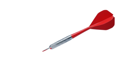 Modern silver dart with vibrant red flights precisely in abstract red bullseye on minimalist grey target, soft studio light, blurred corporate office bokeh background. Concept of strategic success