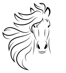 Horse Head Line Art Illustration with Flowing Mane Outline, Elegant Drawing