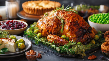 A festive thanksgiving dinner spread with roasted turkey and side dishes galore