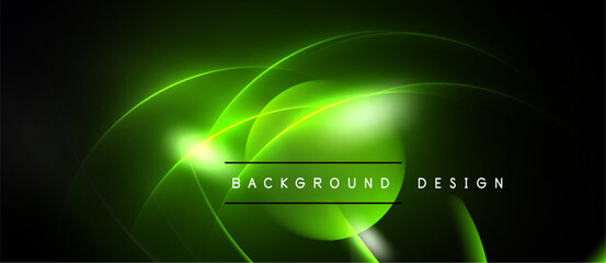 Dark background features vibrant green neon curves, lines. Central bright glow with text background design. Modern abstract visual.