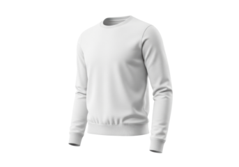 White long-sleeved crew-neck sweatshirt with soft textured fabric in a professional studio on a transparent background, 3/4 view product photography. Concept of versatile minimalist apparel