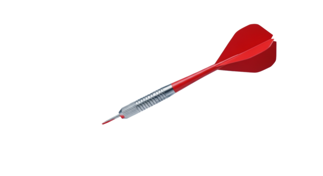 Modern silver dart with vibrant red flights precisely in abstract red bullseye on minimalist grey target, soft studio light, blurred corporate office bokeh background. Concept of strategic success