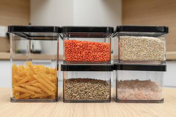 Kitchen items, bulk products in airtight plastic containers in the kitchen, airtight boxes