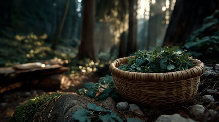 Round Woven Basket Brim-full of Fresh Wild Eucalyptus Leaves on Forest Ground