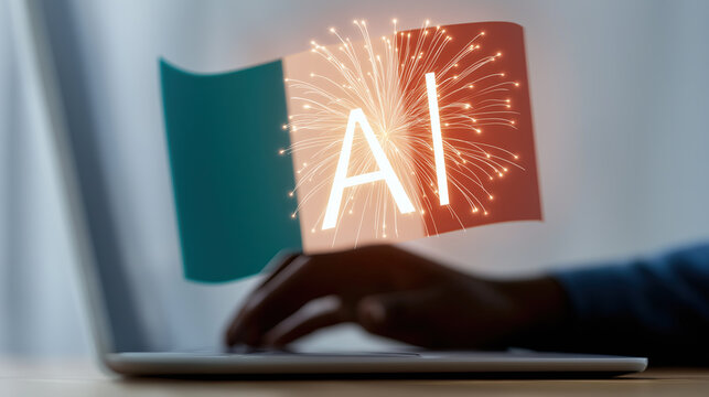 Hands typing on laptop with AI fireworks displaying Italian flag colors.